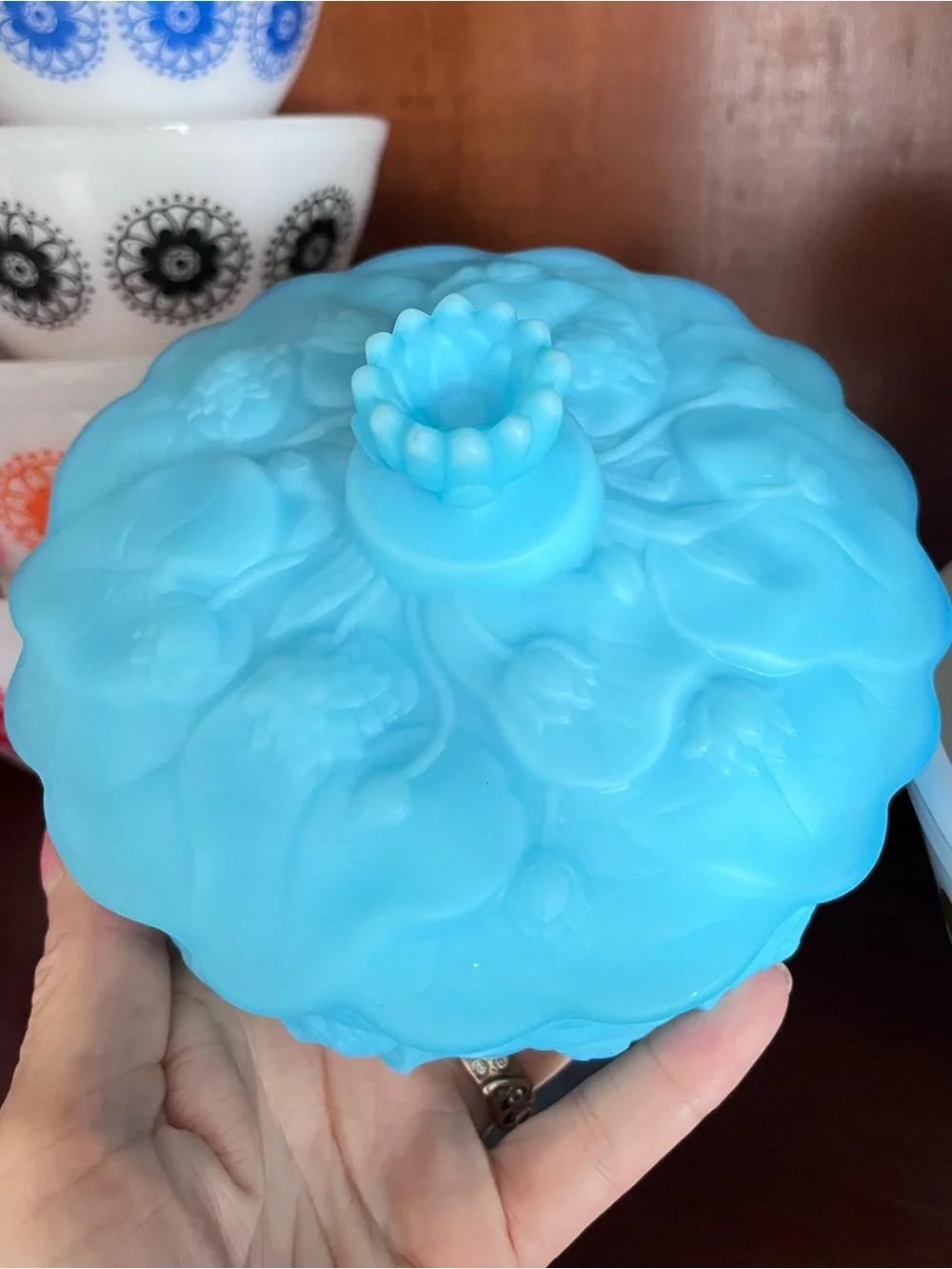 Fenton Blue Satin Glass Water Lily Covered Compote 1970 Floral Pedestal Dish